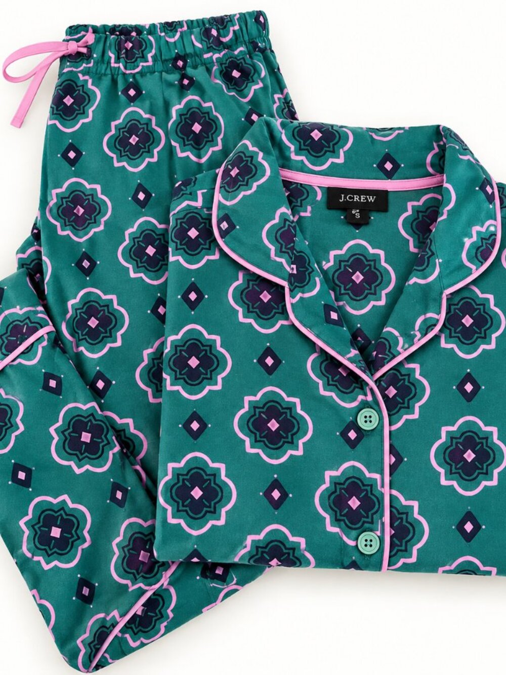 Room Service Pajama Set Women’s Small Green Pink Print Button Up PJs